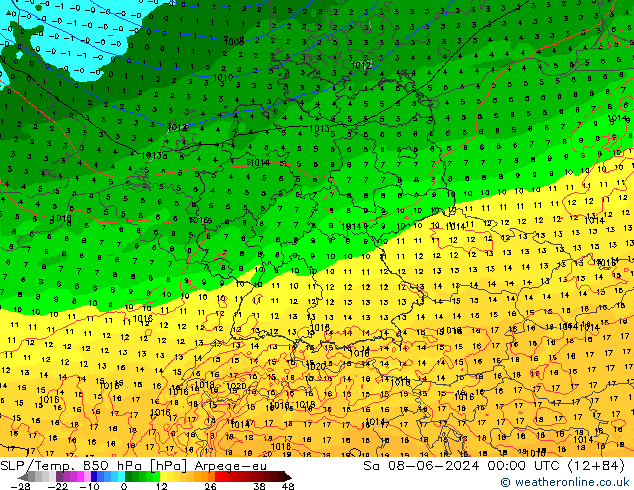 SLP/Temp. 850 hPa Arpege-eu So 08.06.2024 00 UTC