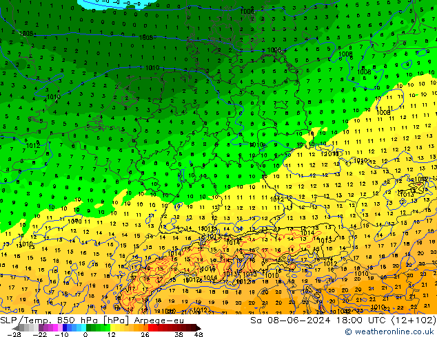 SLP/Temp. 850 гПа Arpege-eu сб 08.06.2024 18 UTC