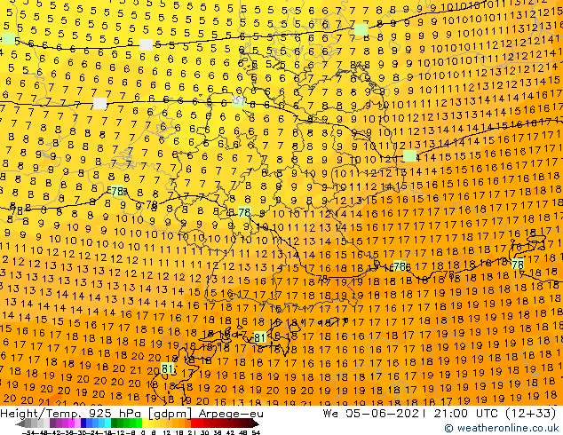 Géop./Temp. 925 hPa Arpege-eu mer 05.06.2024 21 UTC