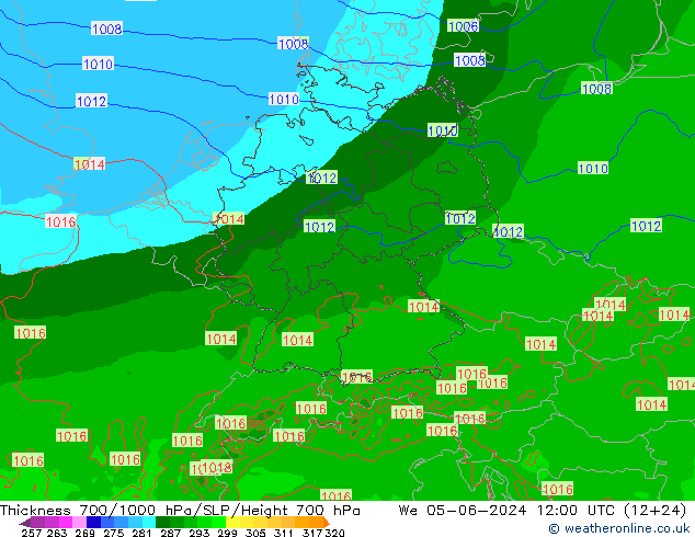 Thck 700-1000 hPa Arpege-eu śro. 05.06.2024 12 UTC