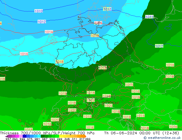 Thck 700-1000 hPa Arpege-eu Th 06.06.2024 00 UTC