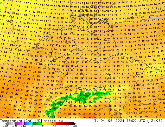 Temperaturkarte (2m) Arpege-eu Di 04.06.2024 18 UTC