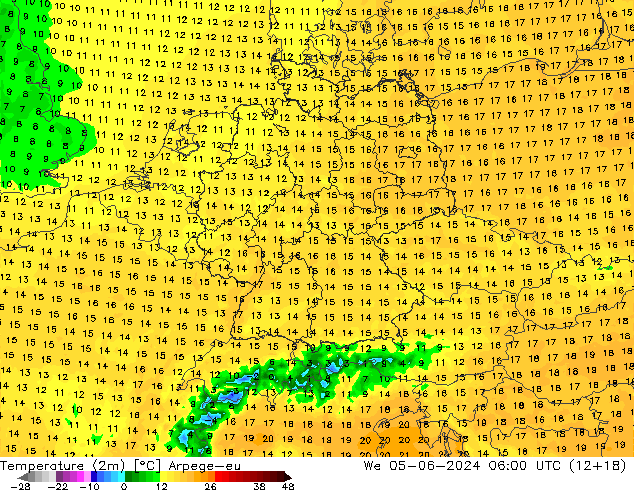 Temperatura (2m) Arpege-eu Qua 05.06.2024 06 UTC