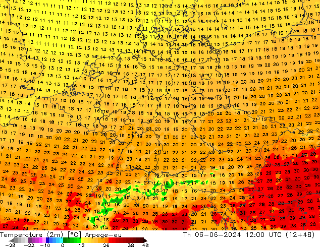 Temperaturkarte (2m) Arpege-eu Do 06.06.2024 12 UTC