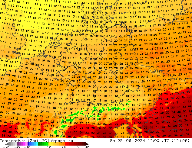 Temperaturkarte (2m) Arpege-eu Sa 08.06.2024 12 UTC