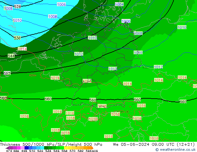 Schichtdicke 500-1000 hPa Arpege-eu Mi 05.06.2024 09 UTC