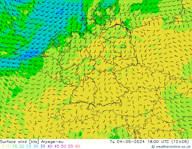 Surface wind Arpege-eu Tu 04.06.2024 18 UTC