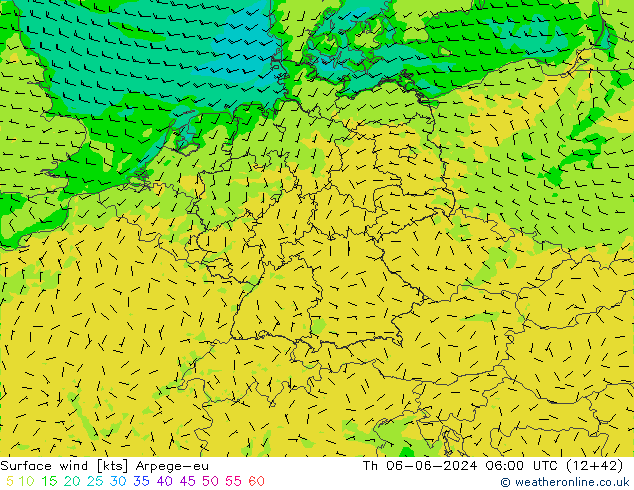 Surface wind Arpege-eu Th 06.06.2024 06 UTC