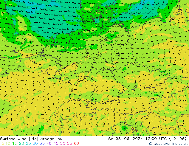 Vento 10 m Arpege-eu sab 08.06.2024 12 UTC