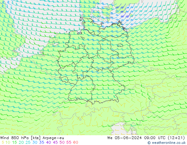 Wind 850 hPa Arpege-eu wo 05.06.2024 09 UTC