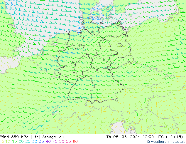 Wind 850 hPa Arpege-eu Th 06.06.2024 12 UTC