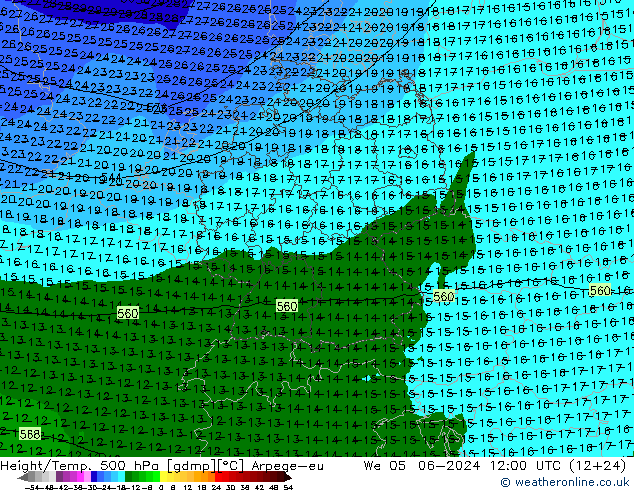 Hoogte/Temp. 500 hPa Arpege-eu wo 05.06.2024 12 UTC