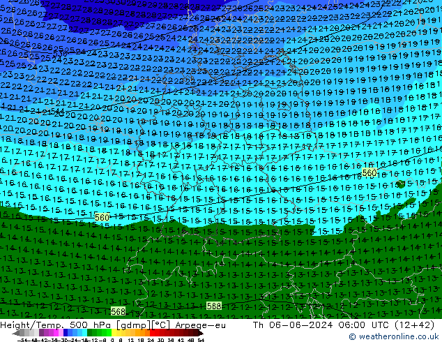 Height/Temp. 500 hPa Arpege-eu Čt 06.06.2024 06 UTC