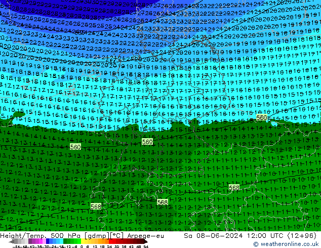 Height/Temp. 500 hPa Arpege-eu so. 08.06.2024 12 UTC