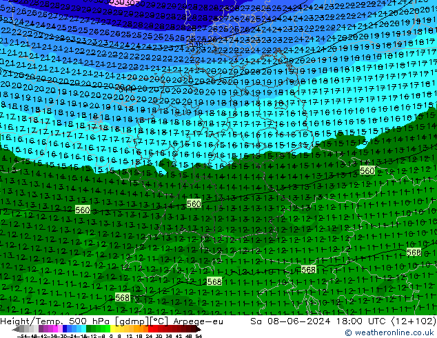 Height/Temp. 500 гПа Arpege-eu сб 08.06.2024 18 UTC