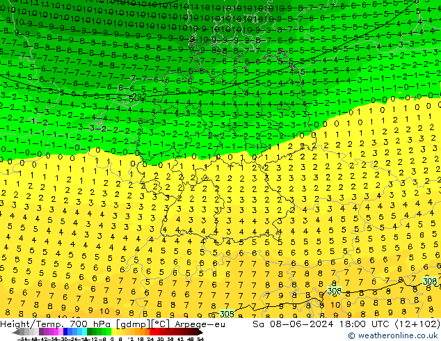 Height/Temp. 700 гПа Arpege-eu сб 08.06.2024 18 UTC