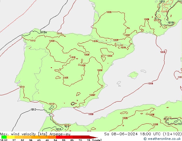 Max. wind velocity Arpege-eu Sáb 08.06.2024 18 UTC