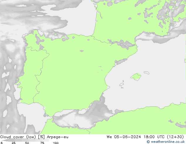 Cloud cover (low) Arpege-eu We 05.06.2024 18 UTC