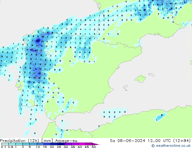 Precipitação (12h) Arpege-eu Sáb 08.06.2024 00 UTC