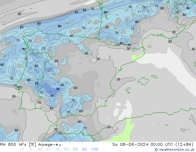 RH 850 hPa Arpege-eu so. 08.06.2024 00 UTC