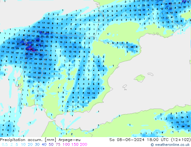 Precipitación acum. Arpege-eu sáb 08.06.2024 18 UTC