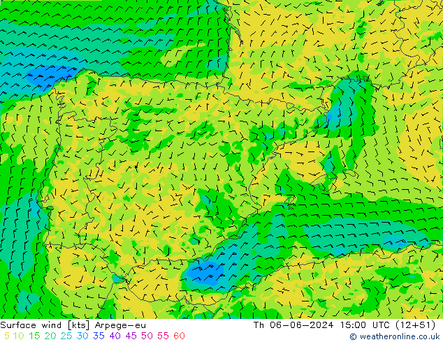 Vento 10 m Arpege-eu gio 06.06.2024 15 UTC