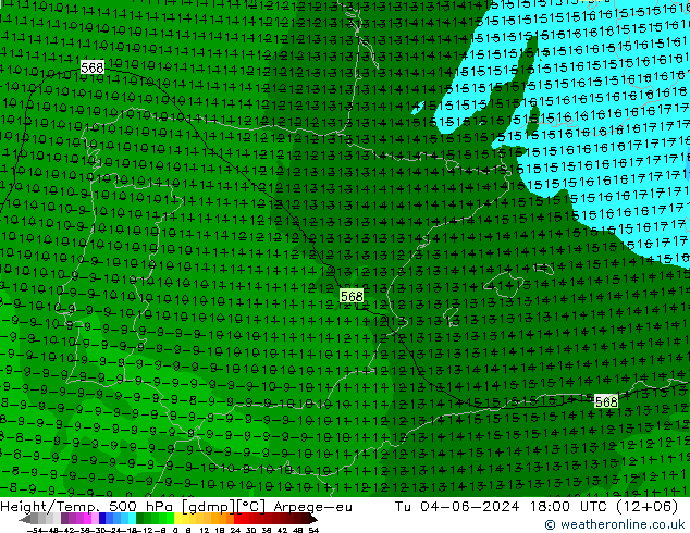 Hoogte/Temp. 500 hPa Arpege-eu di 04.06.2024 18 UTC