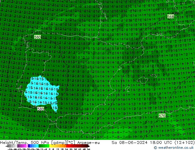 Height/Temp. 500 hPa Arpege-eu Sa 08.06.2024 18 UTC