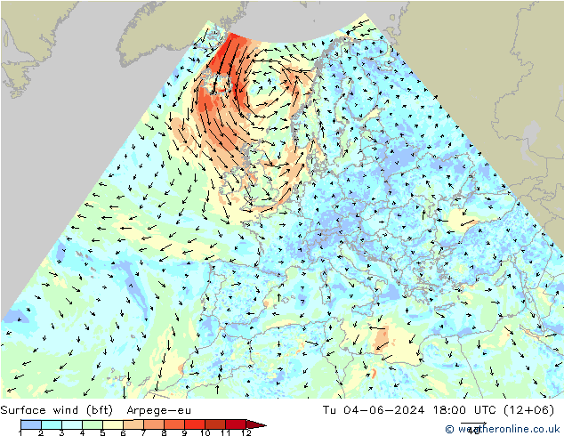 Rüzgar 10 m (bft) Arpege-eu Sa 04.06.2024 18 UTC