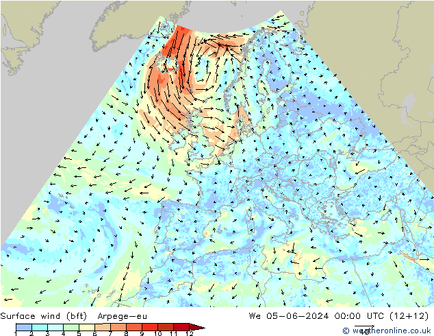 Surface wind (bft) Arpege-eu We 05.06.2024 00 UTC