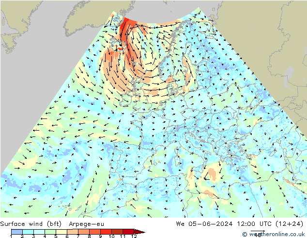 Surface wind (bft) Arpege-eu St 05.06.2024 12 UTC