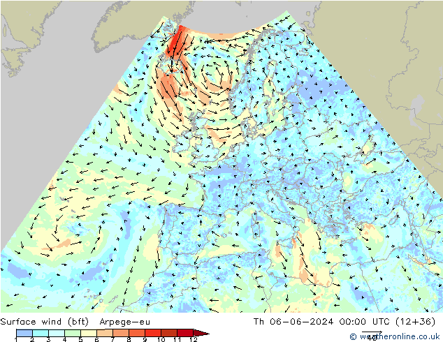 Surface wind (bft) Arpege-eu Čt 06.06.2024 00 UTC