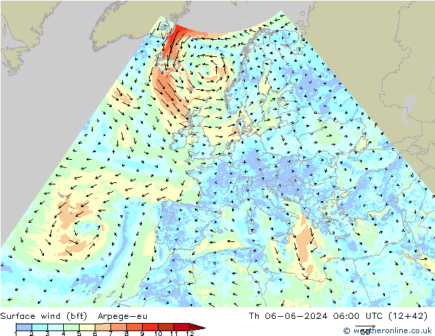 Surface wind (bft) Arpege-eu Čt 06.06.2024 06 UTC