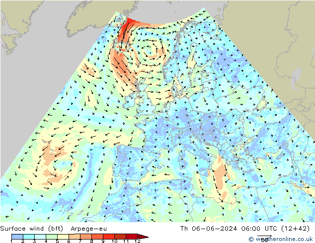 Vent 10 m (bft) Arpege-eu jeu 06.06.2024 06 UTC