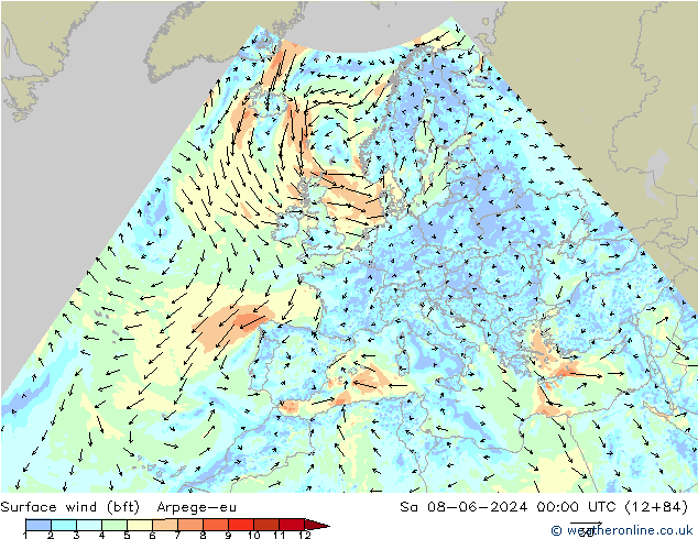 Bodenwind (bft) Arpege-eu Sa 08.06.2024 00 UTC