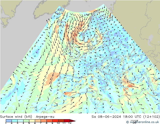 Bodenwind (bft) Arpege-eu Sa 08.06.2024 18 UTC