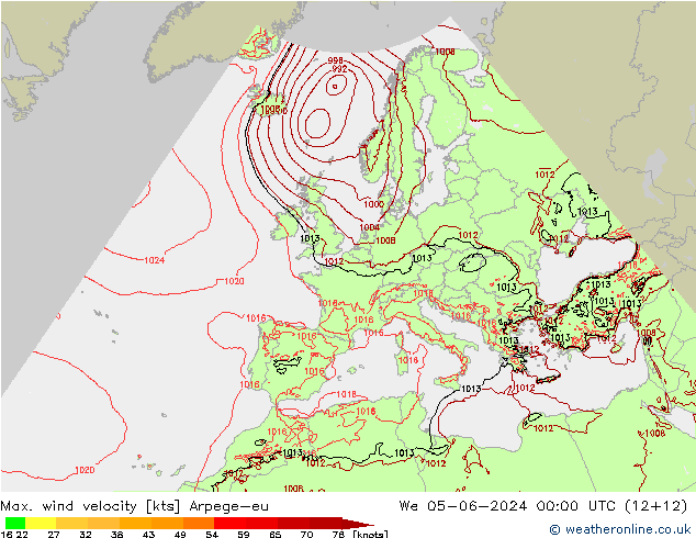 Max. wind velocity Arpege-eu mié 05.06.2024 00 UTC