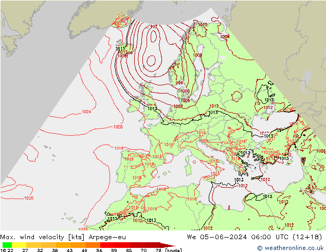 Max. wind velocity Arpege-eu We 05.06.2024 06 UTC