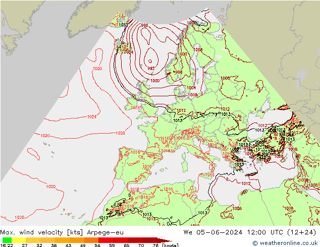 Max. wind velocity Arpege-eu Qua 05.06.2024 12 UTC