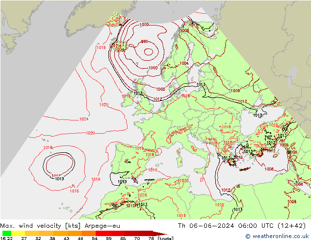 Max. wind velocity Arpege-eu  06.06.2024 06 UTC