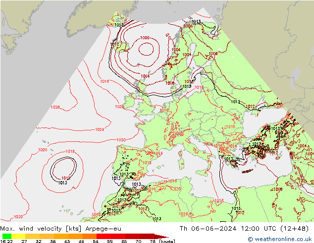 Max. wind velocity Arpege-eu чт 06.06.2024 12 UTC