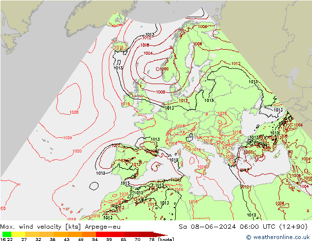 Max. wind velocity Arpege-eu so. 08.06.2024 06 UTC