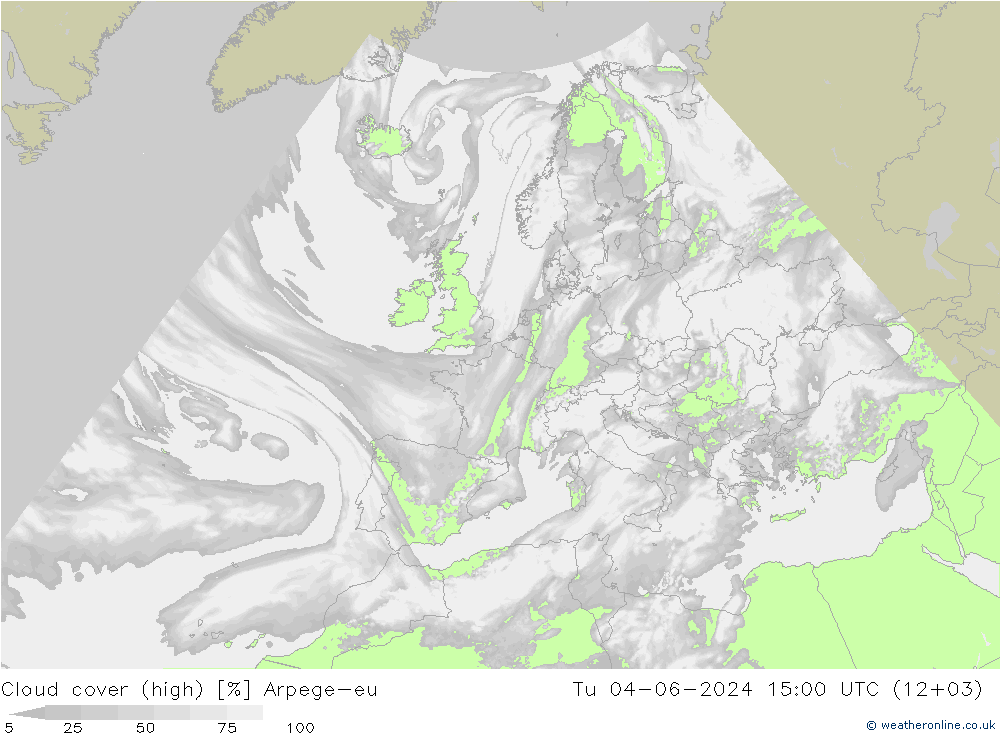 zachmurzenie (wysokie) Arpege-eu wto. 04.06.2024 15 UTC