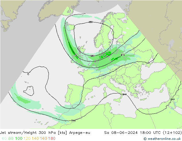 Jet stream Arpege-eu Sáb 08.06.2024 18 UTC