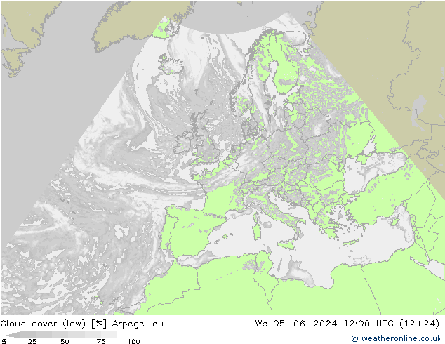 Cloud cover (low) Arpege-eu We 05.06.2024 12 UTC