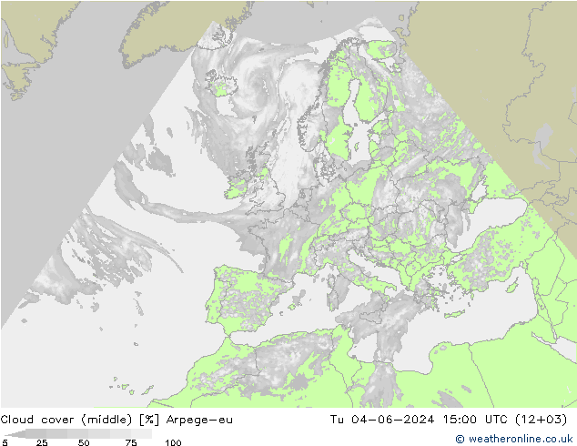Cloud cover (middle) Arpege-eu Tu 04.06.2024 15 UTC