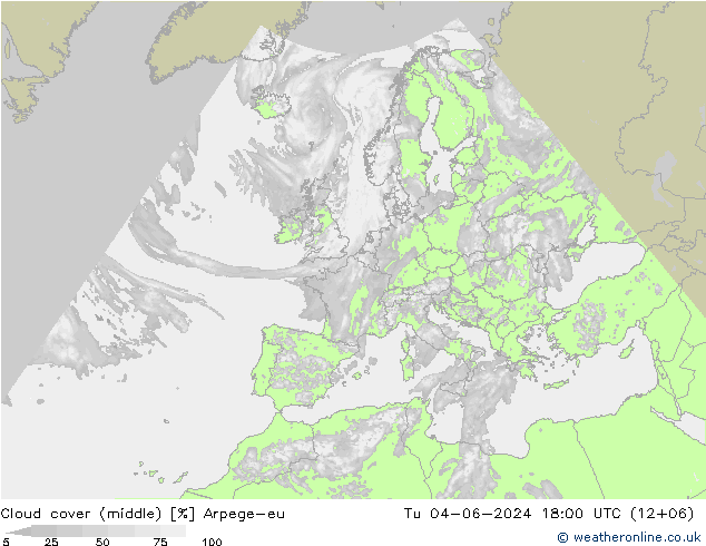 Cloud cover (middle) Arpege-eu Tu 04.06.2024 18 UTC