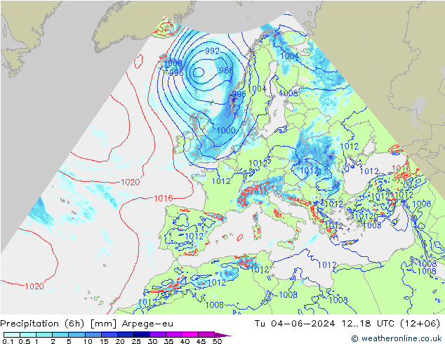 Totale neerslag (6h) Arpege-eu di 04.06.2024 18 UTC