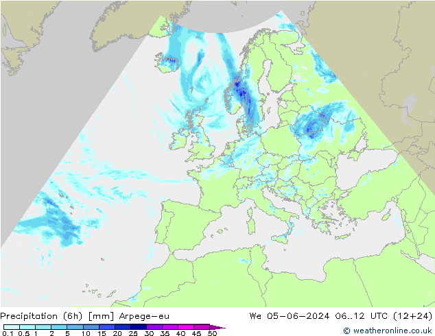 Totale neerslag (6h) Arpege-eu wo 05.06.2024 12 UTC