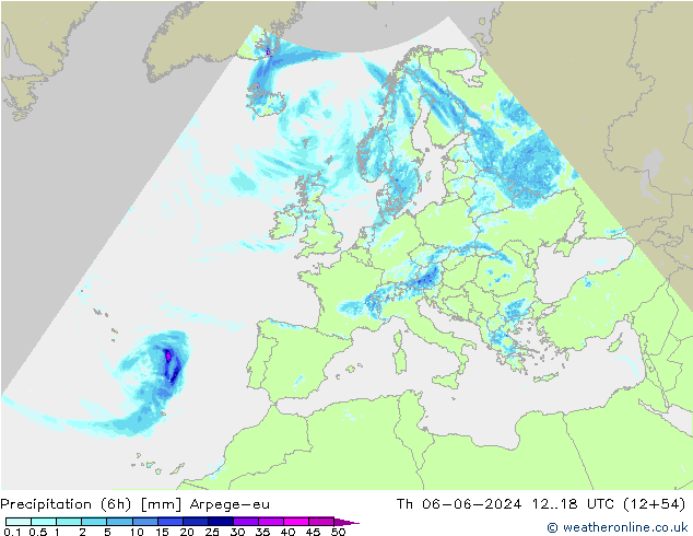 Precipitação (6h) Arpege-eu Qui 06.06.2024 18 UTC